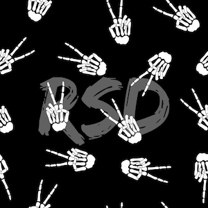 May include: Black and white illustration of skeleton hands making the peace sign, repeated in a pattern. The word "RSD" is written in gray in the center of the image.