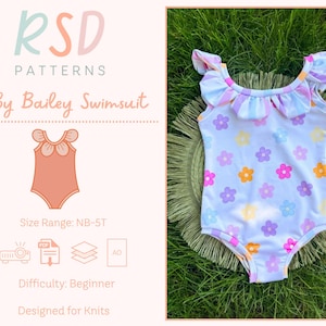 May include: A white one-piece swimsuit featuring a repeating pattern of small orange, purple, and blue flowers. The garment has ruffled sleeves and a round neckline. The text RSD PATTERNS Baby Bailey Swimsuit is visible on the left side.