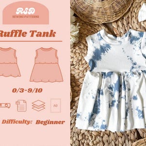 May include: A sleeveless ruffle tank top featuring a white and blue tie-dye pattern on ribbed fabric. The sewing pattern graphic displays the text RSD SEWING PATTERNS, Ruffle Tank, 0/3-9/10, and Difficulty: Beginner, alongside icons for PDF, layers, and A0 size.