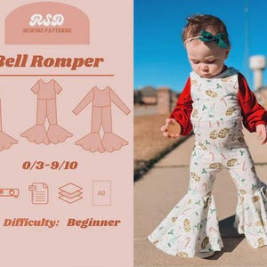 May include: A baby wearing a white romper with a Christmas cookie and candy cane pattern, paired with a red long-sleeved shirt. The romper has flared legs. The image also shows a sewing pattern for a bell romper, with different sleeve options and the text "Bell Romper".