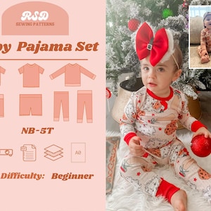 May include: A baby wearing a beige pajama set with a Christmas-themed pattern, red trim, and a large red bow. The image also shows a sewing pattern set with various pajama styles and the text "Baby Pajama Set" and "Difficulty: Beginner".