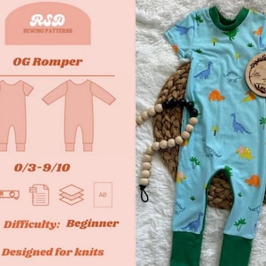 May include: A light blue romper with a dinosaur print, featuring green cuffs and a green neckline. The image includes text for RSD Sewing Patterns, OG Romper, sizes 0/3-9/10, difficulty level beginner, and designed for knits, with icons for PDF and A0.