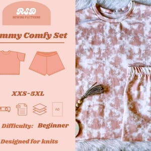 May include: A sewing pattern for a Mommy Comfy Set featuring a short-sleeved top and shorts with a tie-dye pattern. The text includes RSD Sewing Patterns, Mommy Comfy Set, XXS-5XL, Difficulty: Beginner, and Designed for knits with icons.