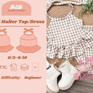 Puede incluir: Un patrón de costura para un top halter y vestido color oliva con estampado de cuadros vichy, con dobladillo con volantes y cuello atado. El texto incluye RSD Sewing Patterns, Olive Halter Top/Dress, 0/3-9/10 y Difficulty: Beginner.