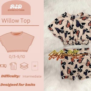 May include: A two-piece outfit featuring a top and shorts with a butterfly skull pattern on a beige background. The top is a cropped style. The image also includes a sewing pattern graphic with the text "Willow Top" and "Designed for knits".