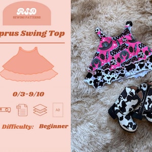 May include: A sewing pattern for a Cyprus Swing Top featuring a pink sleeveless shirt with cowgirl graphics and a black and white cow print bottom tier, alongside a pair of black and white cow print boots. The text includes RSD Sewing Patterns.
