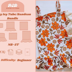 May include: A baby tube/bandeau bundle sewing pattern with the text "Baby Ivy Tube/Bandeau Bundle" and "NB-5T". The image shows a finished top with orange floral print and a ruffle hem. Difficulty level is beginner.