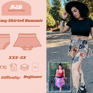 May include: A sewing pattern for a skirted bum for babies and toddlers. The pattern is called "Mommy Skirted Bummie" and is available in sizes XXS-5X. The pattern is for beginners and includes instructions for making the garment. The image shows a model wearing a skirt with a colorful Ouija board print.