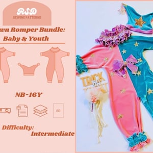 May include: A pink and teal clown romper with a matching hat. The romper has gold star accents and a large purple bow. The image also includes a sign that says "Trick or Treat". The difficulty level is intermediate.