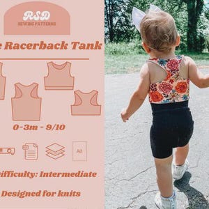 May include: A child wearing a floral racerback tank top and black shorts. The image also shows a sewing pattern design with the text "Jane Racerback Tank", sizes 0-3m to 9/10, and "Difficulty: Intermediate".