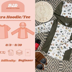 Könnte beinhalten: Ein Schnittmuster für einen Exra Hoodie/Tee in den Größen 0/3 bis 9/10 für Anfänger. Das Bild zeigt einen langärmeligen Kapuzenpullover aus olivgrünem und weißem Stoff mit einem kleinen braun-grünen Aufdruck mit Naturmotiven.