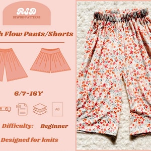 May include: Youth Flow Pants/Shorts sewing pattern. The image shows a pair of floral print pants and a diagram of the pattern. The pattern is designed for knit fabrics and is suitable for beginners. The size range is 6/7-16Y.