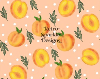 May include: A repeating pattern of watercolor peaches, peach halves, and green leaves on a light peach background with white polka dots. The text "Retro Sparkle Designs" is in the center of the image.