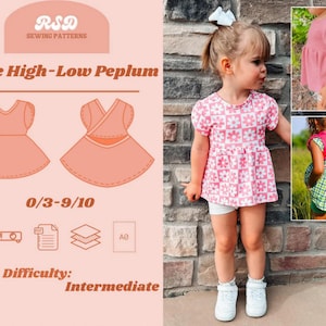 May include: A young girl wearing a pink and white floral print peplum top and white shorts. The image also shows a sewing pattern design for a Chloe High-Low Peplum dress, with the text "RSD Sewing Patterns" and "Difficulty: Intermediate".