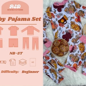 May include: A baby pajama set sewing pattern featuring a long-sleeve top and shorts with a white background and a colorful print of food items and floral motifs. The set includes pink trim, and the pattern information displays sizes NB-5T.