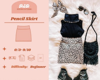 Puede incluir: Un patrón de costura para falda lápiz etiquetado RSD Sewing Patterns, 0/3-9/10, y Difficulty: Beginner. La imagen muestra un cuello alto negro sin mangas, una falda lápiz con estampado de leopardo, un lazo de leopardo, gafas de sol y un bolso negro con flecos.