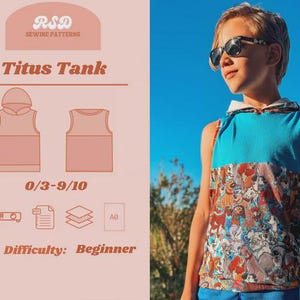 May include: A young person wearing a sleeveless hooded tank top with a blue upper section and a colorful cartoon dog print on the lower section. The tank top is part of the "Titus Tank" sewing pattern, with a difficulty level of beginner.