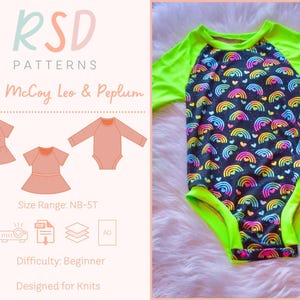 May include: A baby bodysuit with a rainbow pattern on a black background, neon green sleeves and trim. The image also shows a pattern design with a dress and bodysuit, and the text "RSD PATTERNS Baby McCoy Leo & Peplum".