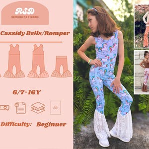 Op de afbeelding: Een naaipatroon voor een Cassidy bells/romper voor jeugd, met een eenhoornprint, met instructies voor maten 6/7-16 jaar. Het patroon is geclassificeerd als beginner moeilijkheid.
