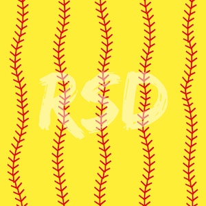 May include: A yellow background with red stitching lines, resembling a softball field. The word "RSD" is written in white paint across the stitching lines.