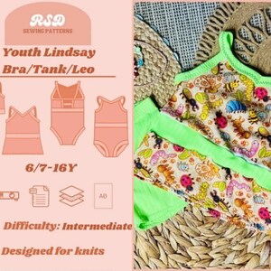 May include: A sewing pattern for a youth bra, tank, and leo. The pattern includes illustrations of the garments and is designed for knit fabrics. The difficulty level is intermediate, and the pattern is sized for ages 6/7-16Y. The image also shows a matching bra and shorts set with a colorful insect print.