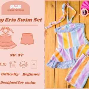 May include: Baby Eris Swim Set in sizes NB-5T. The set includes a striped swimsuit with a ruffled skirt and matching shorts. The swimsuit features a halter neck and is decorated with a floral pattern. Pink sunglasses and a bow are also shown.