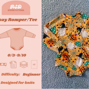 May include: A long-sleeve romper with a yellow background featuring a Halloween pattern of white ghosts wearing black hats, orange jack-o'-lanterns, green mushrooms, and spiderwebs. The text RSD SEWING PATTERNS Cozy Romper/Tee is visible.