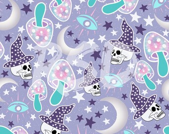 Descarga digital perfecta de hongos brujos: fondo de Halloween, hongos, luna, estrellas, calaveras, bruja, hippie psicodélico.