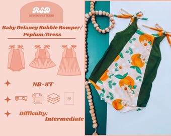 May include: A baby bubble romper with a peach and floral print, green trim, and orange tie straps. The image also shows a pattern design with the text "Baby Delaney Bubble Romper/Peplum/Dress" and "NB-5T". The difficulty level is "Intermediate".