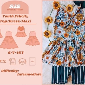Może przedstawiać: Wykrój krawiecki dla młodzieży na top, sukienkę i maxi z tekstem RSD SEWING PATTERNS, Youth Felicity Top/Dress/Maxi, 6/7-16Y oraz Difficulty: Intermediate. Obraz przedstawia top w kwiatowy wzór z falbanką oraz szorty w paski.