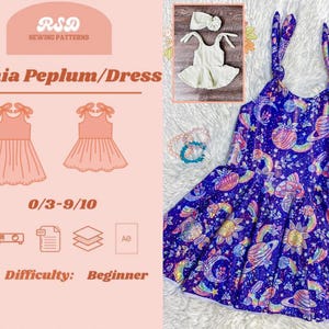 May include: A Zinnia Peplum/Dress sewing pattern by RSD Sewing Patterns for sizes 0/3-9/10. The image displays a purple dress with a colorful space-themed print featuring planets, stars, and rainbows, plus a matching headband and tie-shoulder straps.