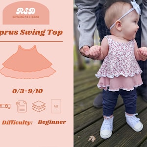 May include: A pink and white layered swing top sewing pattern for babies and toddlers. The pattern is available in sizes 0/3 to 9/10. The pattern is labeled "Cyprus Swing Top" and is described as "Beginner" difficulty.