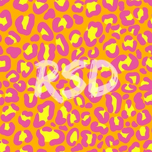 May include: A bright orange background with a pink and yellow leopard print pattern. The letters "RSD" are written in white over the pattern.