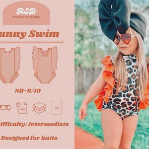 May include: A little girl in a leopard print swimsuit with orange ruffles and heart-shaped sunglasses. The image also shows a sewing pattern with the text "Sunny Swim" and "NB-9/10". The pattern is designed for knits and is of intermediate difficulty.