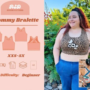 May include: A pink and white illustration of a bralette sewing pattern with the text "Mommy Bralette" and "R&D Sewing Patterns". The pattern is available in sizes XXS-5X and is labeled as beginner difficulty.