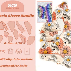 May include: A sewing pattern bundle titled Wisteria Sleeve Bundle for sizes 0-3m to 9/10, featuring a garment with tiered ruffled sleeves and a daisy floral print in peach, white, and black. Includes pattern pieces, icons for A0 and projector files.