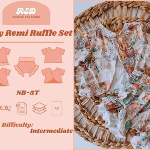 May include: A sewing pattern for a Baby Remi Ruffle Set, size NB-5T, with intermediate difficulty. The set includes a short-sleeve top and ruffled bottoms featuring a Winnie the Pooh print with honey pots and text on a light background.