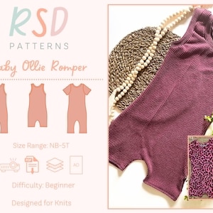Può includere: Un cartamodello per una tutina Baby Ollie Romper di RSD Patterns, con una tutina smanicata in maglia a coste color bordeaux, una variante con stampa leopardata rosa e illustrazioni tecniche di tre diversi stili per le taglie NB-5T.