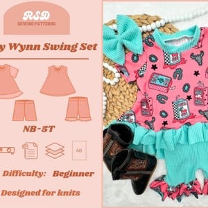 May include: A baby swing set in pink and turquoise. The top has a print with boxes and stars, and the shorts have a ruffle. The set includes a matching bow and small boots. The image also shows a pattern with the text "Baby Wynn Swing Set" and "Difficulty: Beginner."