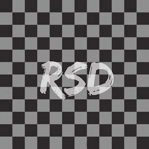May include: White text on a black and white checkered background that reads "RSD".