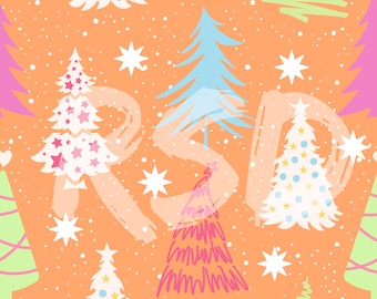 Retro Trees Orange Seamless Digital Download - Archivo de fondo Cold Snow Girl Boy Neutral December Snowflake Coordinate Collection