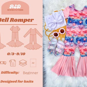 May include: A sewing pattern for a bell romper labeled RSD Sewing Patterns, featuring illustrations of three romper styles, size range 0/3-9/10, and difficulty level beginner. Next to it is a short-sleeve romper with a moon and star print, a white bow headband, and sandals.