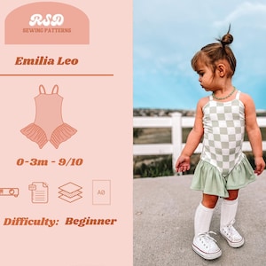 May include: A sewing pattern for a green and white checkered swimsuit with a ruffled bottom. The pattern is for sizes 0-3 months to 9-10 years and is labeled as beginner difficulty. The pattern is called "Emilia Leo" and is from R&D Sewing Patterns.