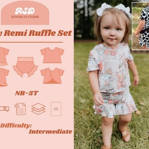 May include: A pink and white graphic showing a baby ruffle set sewing pattern. The pattern includes a short-sleeved shirt with a ruffle trim and a pair of shorts with a ruffle trim. The text "Baby Remi Ruffle Set" is displayed in a large font. The text "NB-5T" is displayed below the pattern. The text "Difficulty: Intermediate" is displayed below the size range.