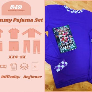 May include: A purple pajama set with white and purple checkered trim on the collar and cuffs, and a book titled "Senator's Wife" on top. The image also shows a sewing pattern for a "Mommy Pajama Set" with sizes XXS-5X and beginner difficulty.
