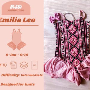 May include: A leotard with a pink, black, and white geometric pattern, featuring a ruffled pink skirt, thin straps, and a matching pink hair bow. The text reads RSD SEWING PATTERNS, Emilia Leo, 0-3m - 9/10, Difficulty: Intermediate, Designed for knits.