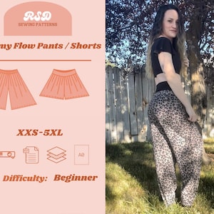 May include: A digital illustration of a pair of flowy pants and shorts with a pink background. The text "Mommy Flow Pants/Shorts" is at the top of the image. The text "XXS-5XL" is below the illustration. The text "Difficulty: Beginner" is at the bottom of the image.