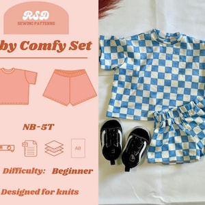 May include: A baby clothing set featuring a short-sleeved shirt and elastic-waist shorts in a light blue and white checkered pattern, accompanied by a pair of black and white sneakers. The image includes text: RSD Sewing Patterns, Baby Comfy Set, NB-5T, Difficulty: Beginner, Designed for knits.
