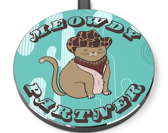 Meowdy Partner Funny Cute Cat Wireless Charger Ita Bag Accessories Green Animal Lover artwork Print Cowgirl Cowboy Theme Gift Her Cactus