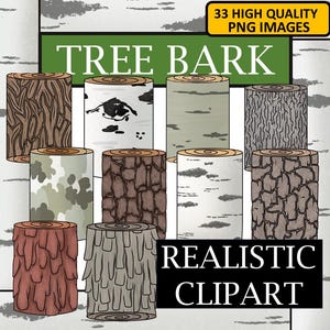 Puede incluir: Una colección de imágenes prediseñadas realistas de corteza de árbol. La imagen presenta varias texturas y colores de corteza de árbol, incluyendo marrón, gris y blanco. Se muestra el texto "TREE BARK" y "REALISTIC CLIPART". La imagen también indica "33 HIGH QUALITY PNG IMAGES".